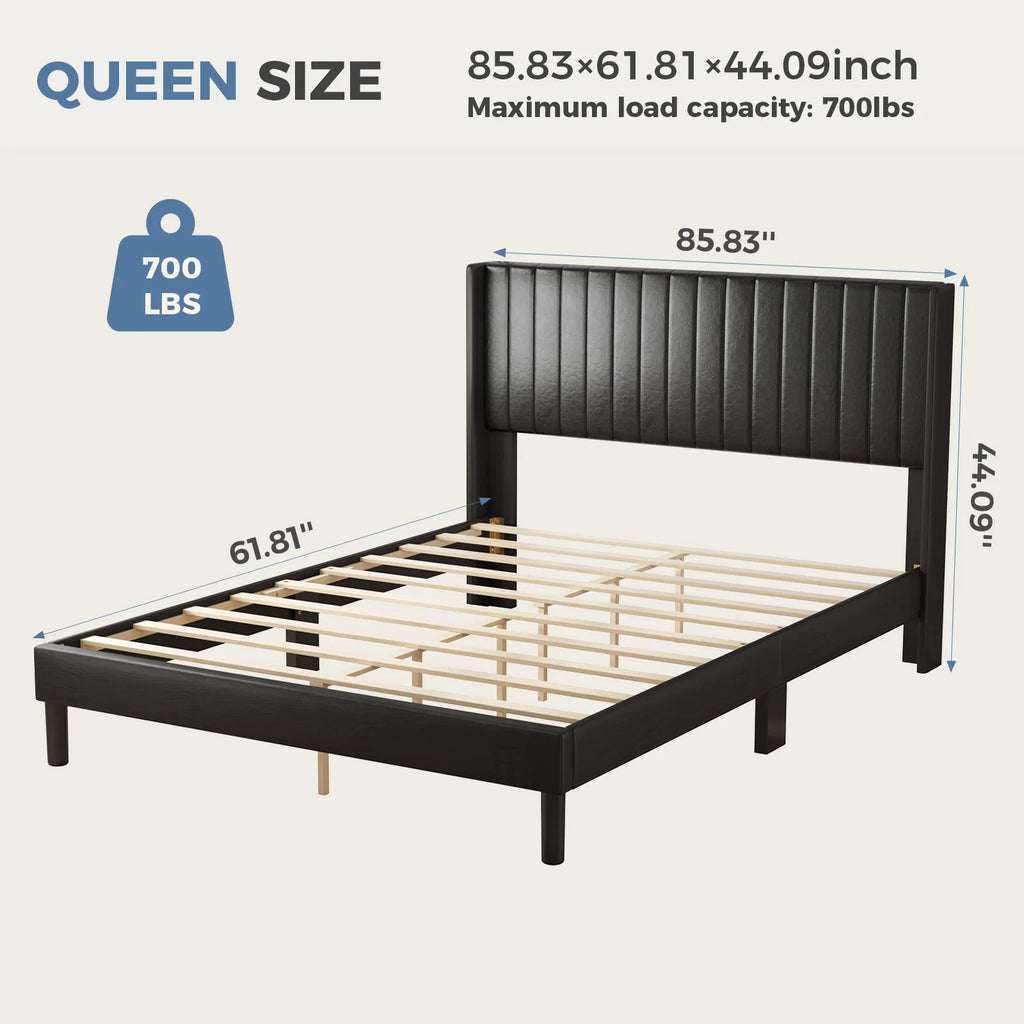 Upholstered Platform Bed Frame with Modern Wingback Headboard