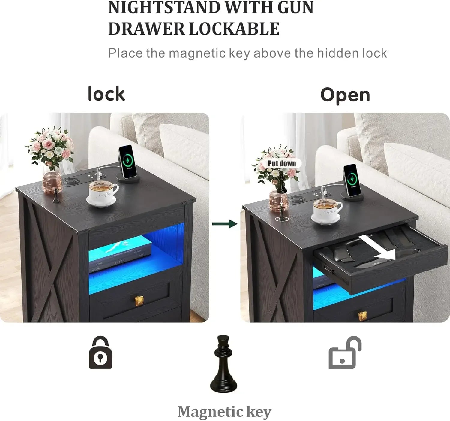 Farmhouse Bedside Nightstand With Gun Drawer