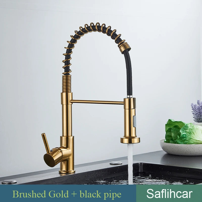 Brushed Gold Kitchen Spring Pull-down Faucet