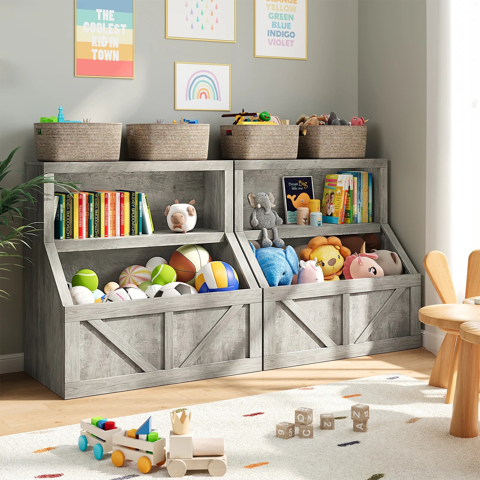 Wooden Bookshelf and Toy Storage