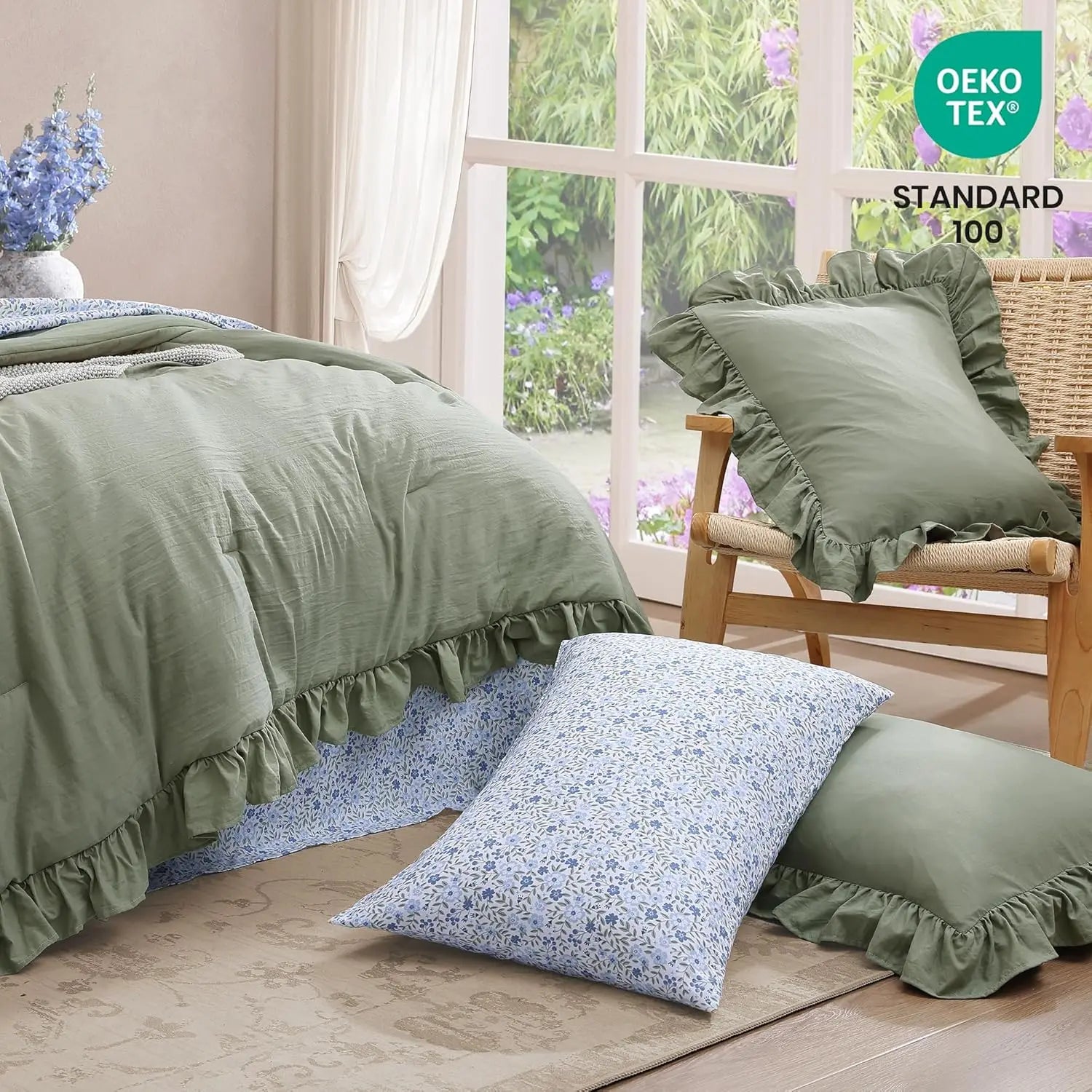 Queen Comforter Set - 7 Pieces Ruffle Sage Green Bedding