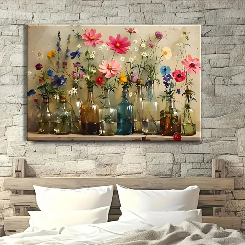 Bohemian floral canvas wall art with solid wood frame