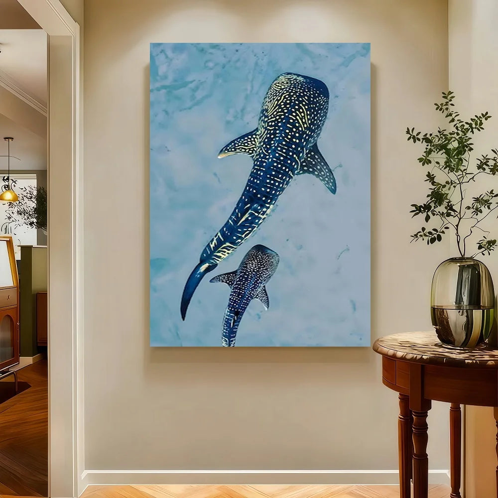 Framed Flat, Suitable for Home Bedroom Wall Decor - Whale Shark Ocean Canvas Painting, Modern Minimalist Marine Art, Multi-Size