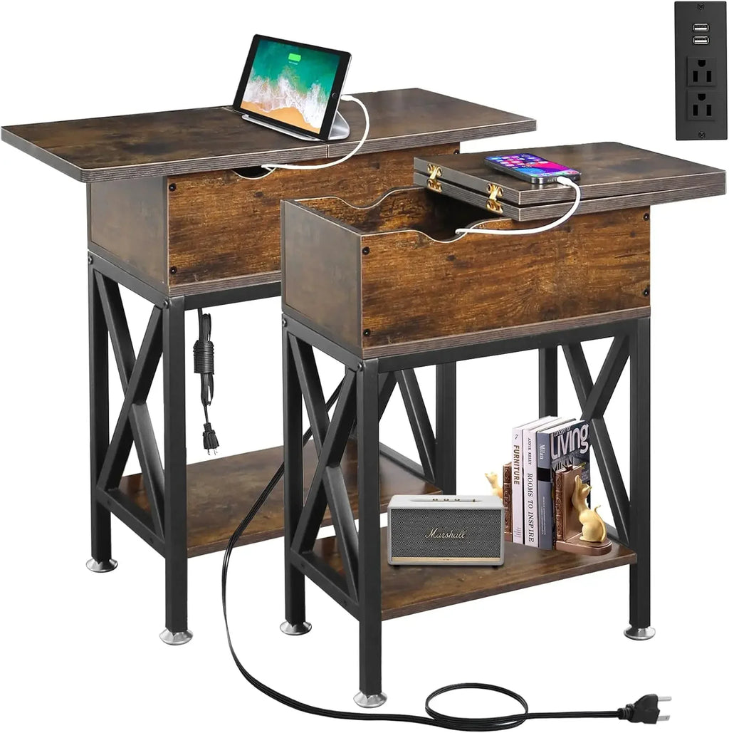 Rustic Narrow Side Tables (Set Of Two) With Charging Station