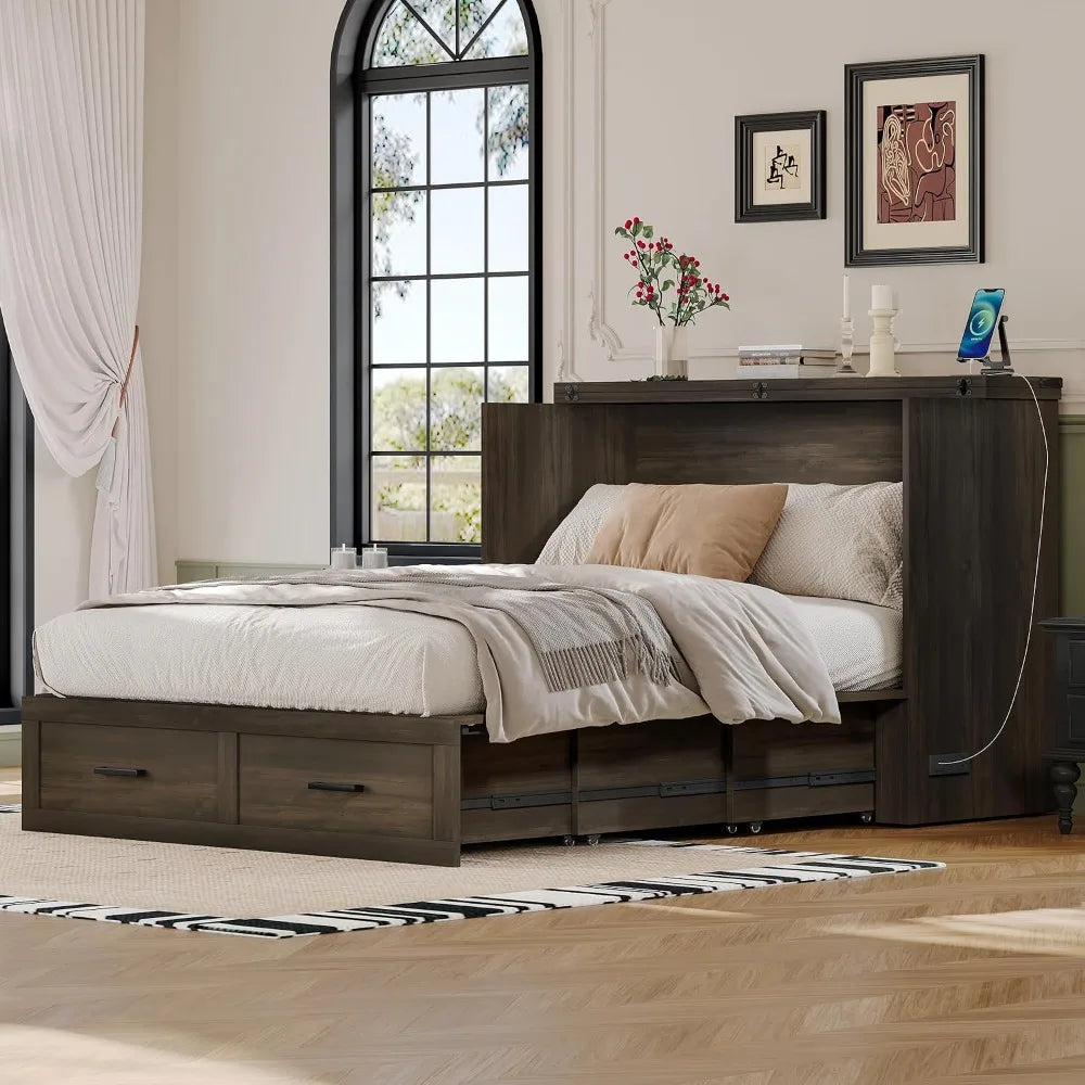 Farmhouse Full Sized Murphy Cabinet Bed with Storage Drawer and Charging Station