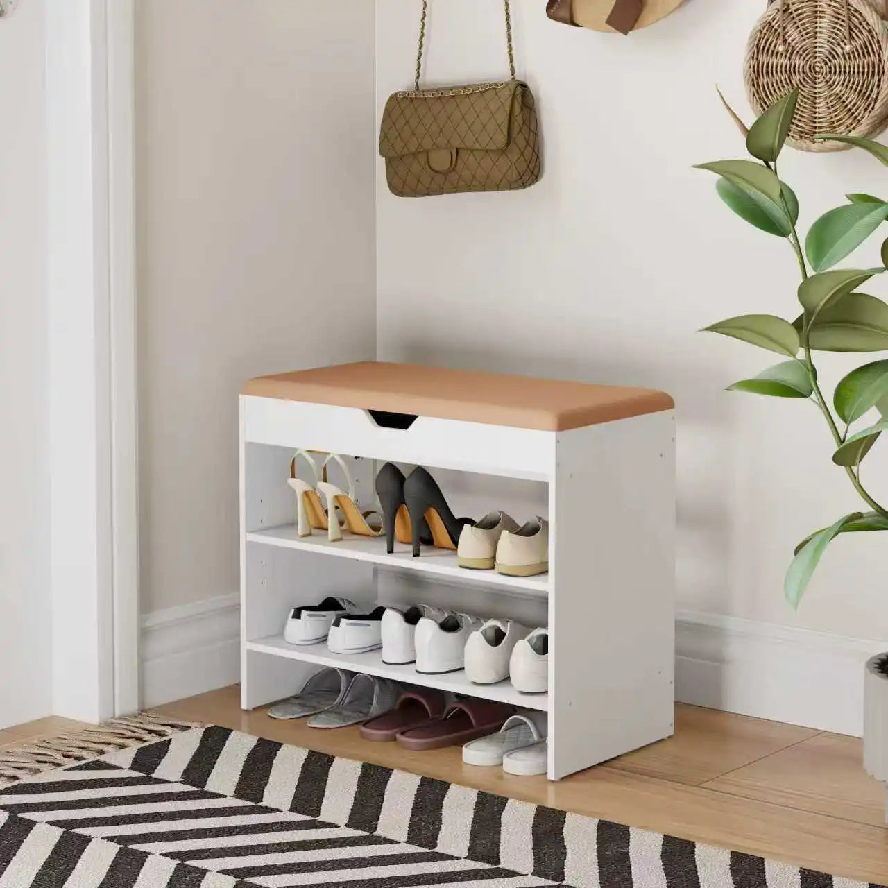 3-Tier Entryway Shoe Bench with Cushioned Seat