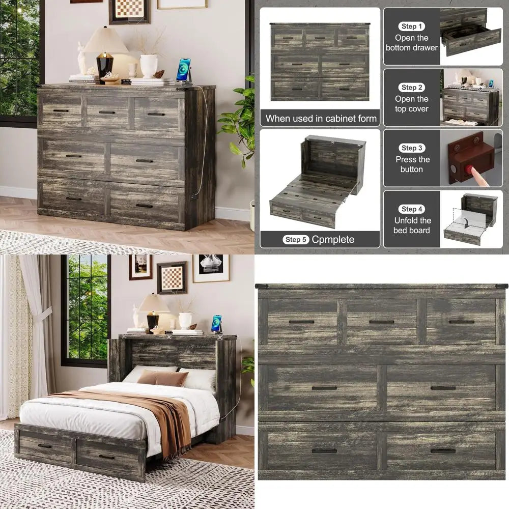 Rustic Gray Multi-Functional Murphy Bed Cabinet