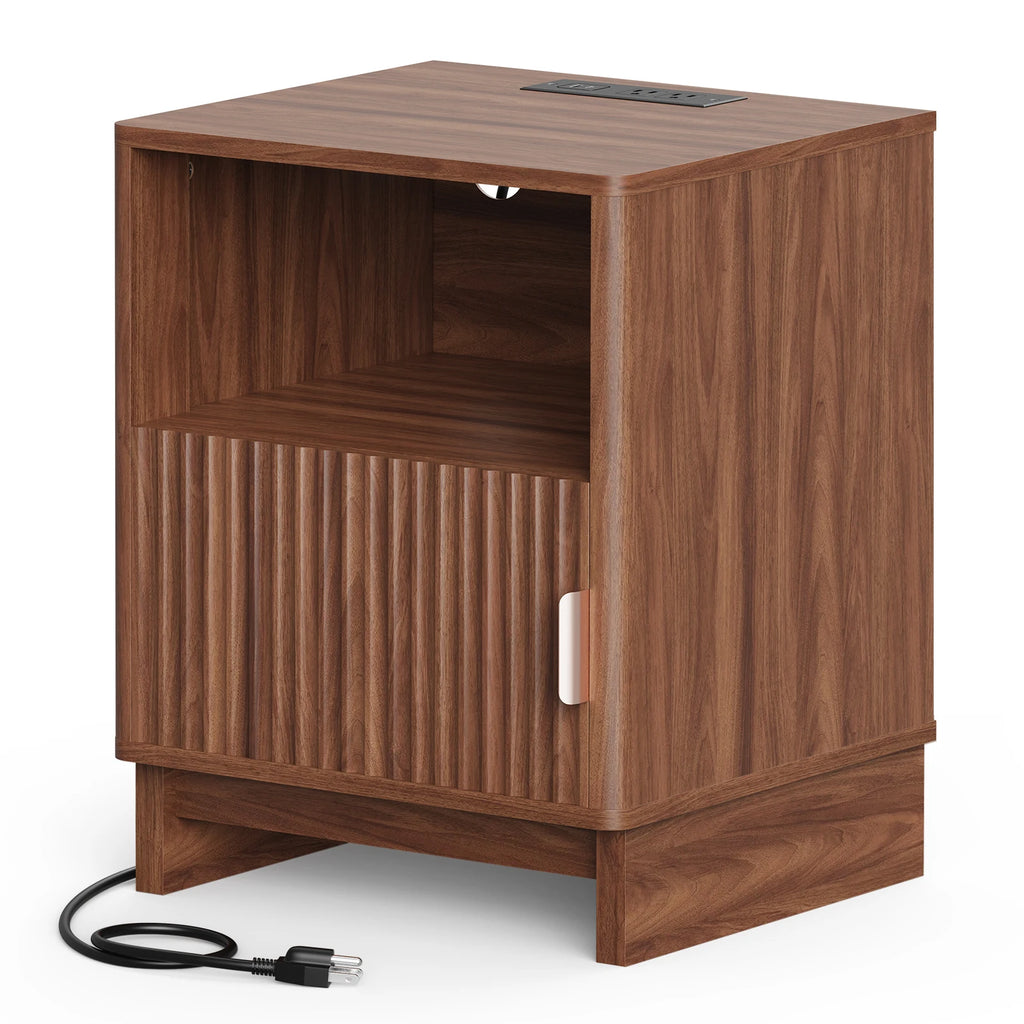 Fluted Wood Side Nightstand with Charging Station