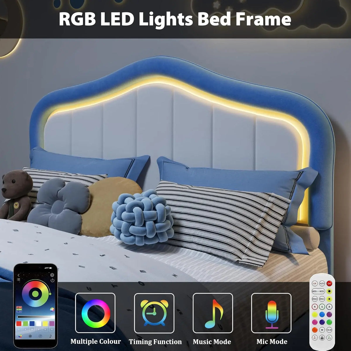 Kids Upholstered Bed Frame with LED Crown Headboard
