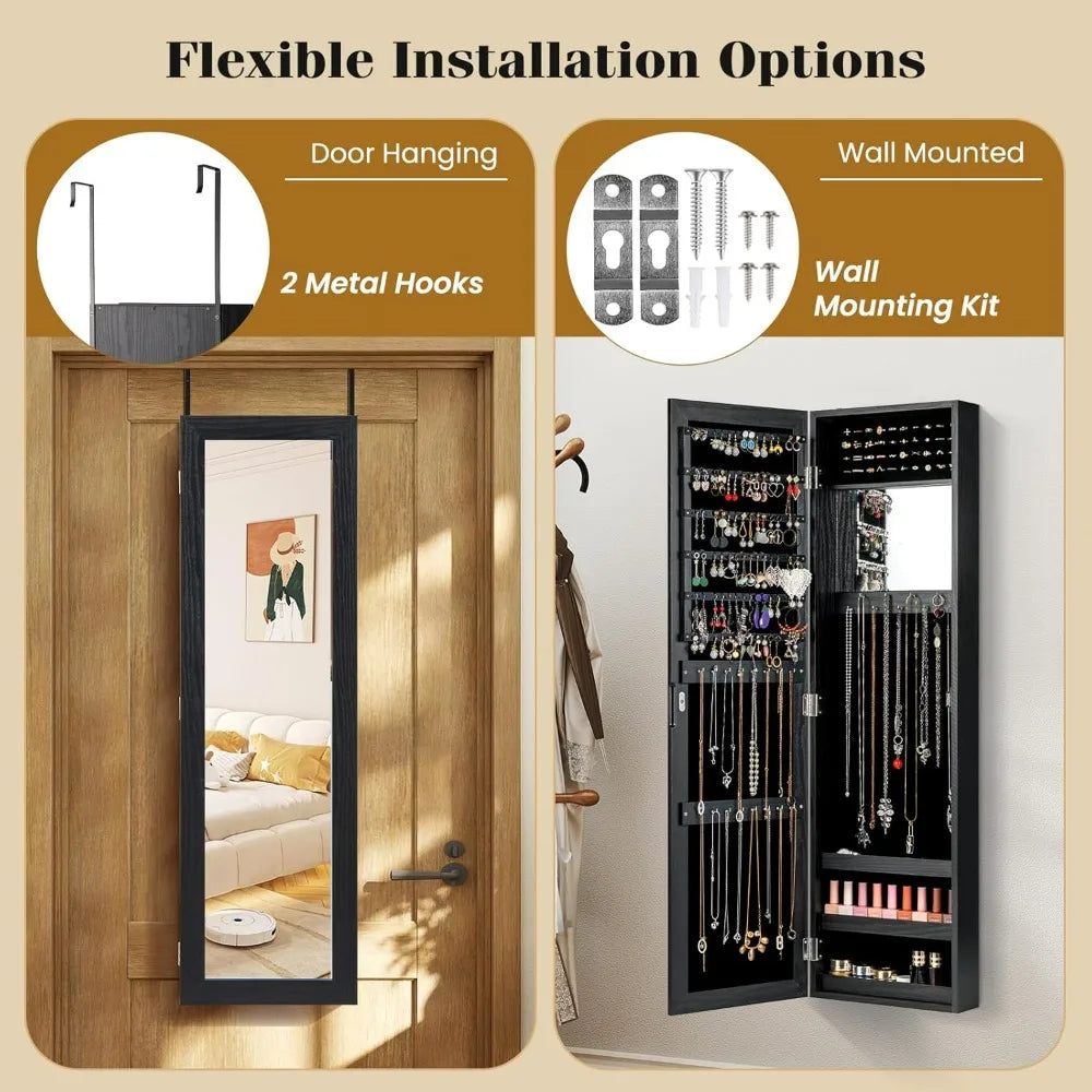 Wall Mounted or Over the Door Jewelry Cabinet with Full Length Mirror