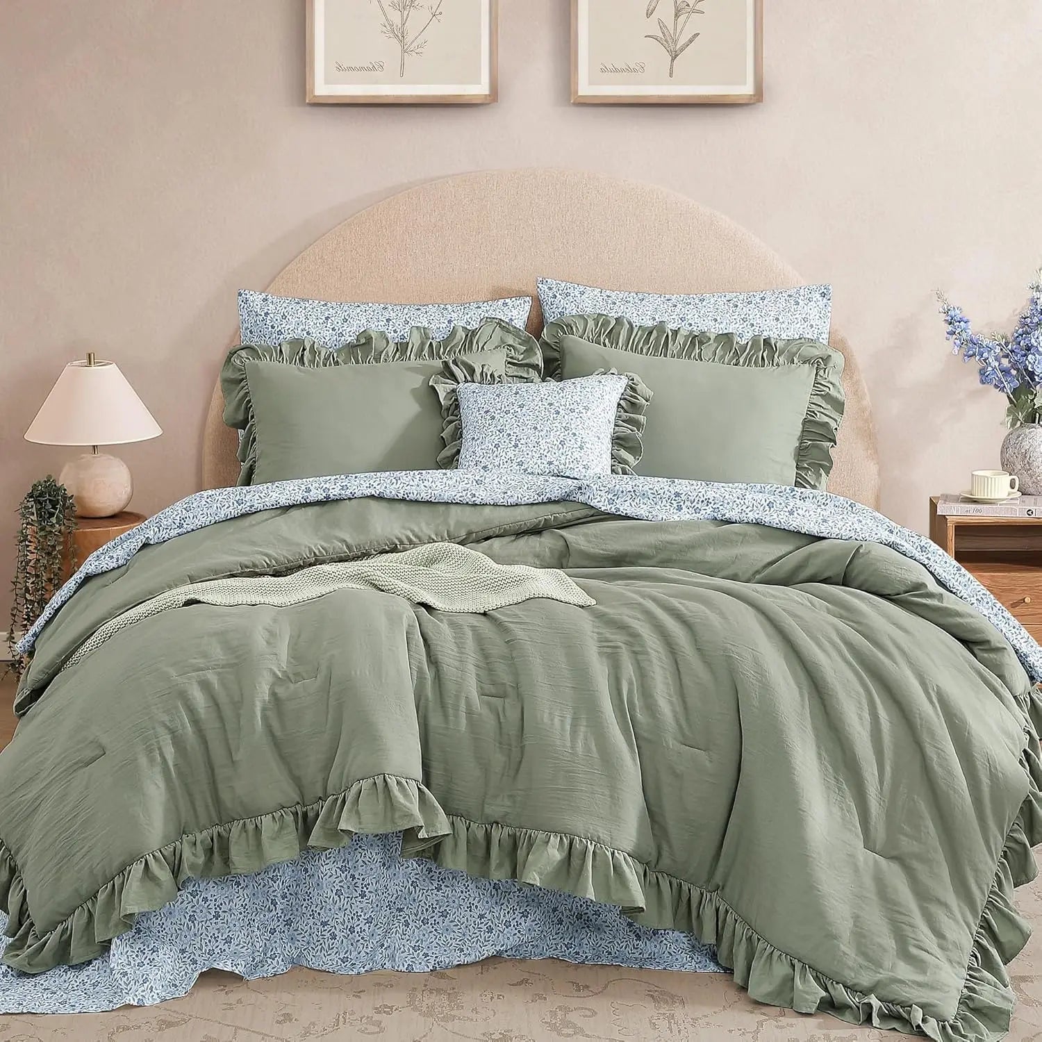 Queen Comforter Set - 7 Pieces Ruffle Sage Green Bedding