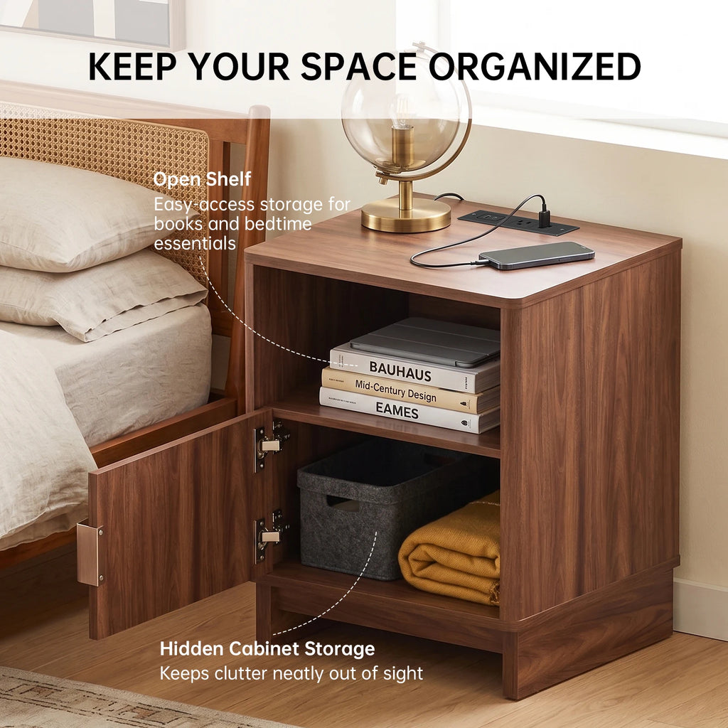 Fluted Wood Side Nightstand with Charging Station