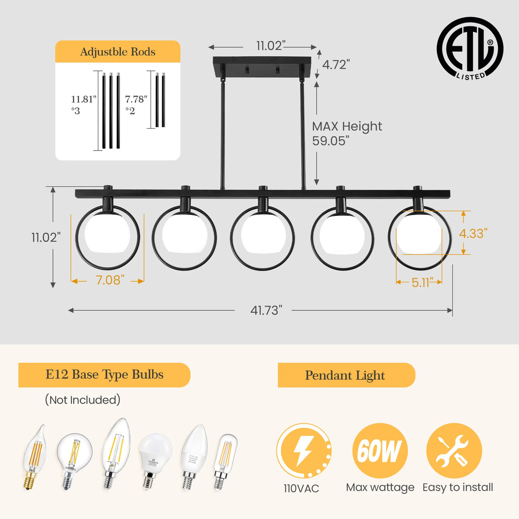 Modern 5-Light Adjustable Chandelier with