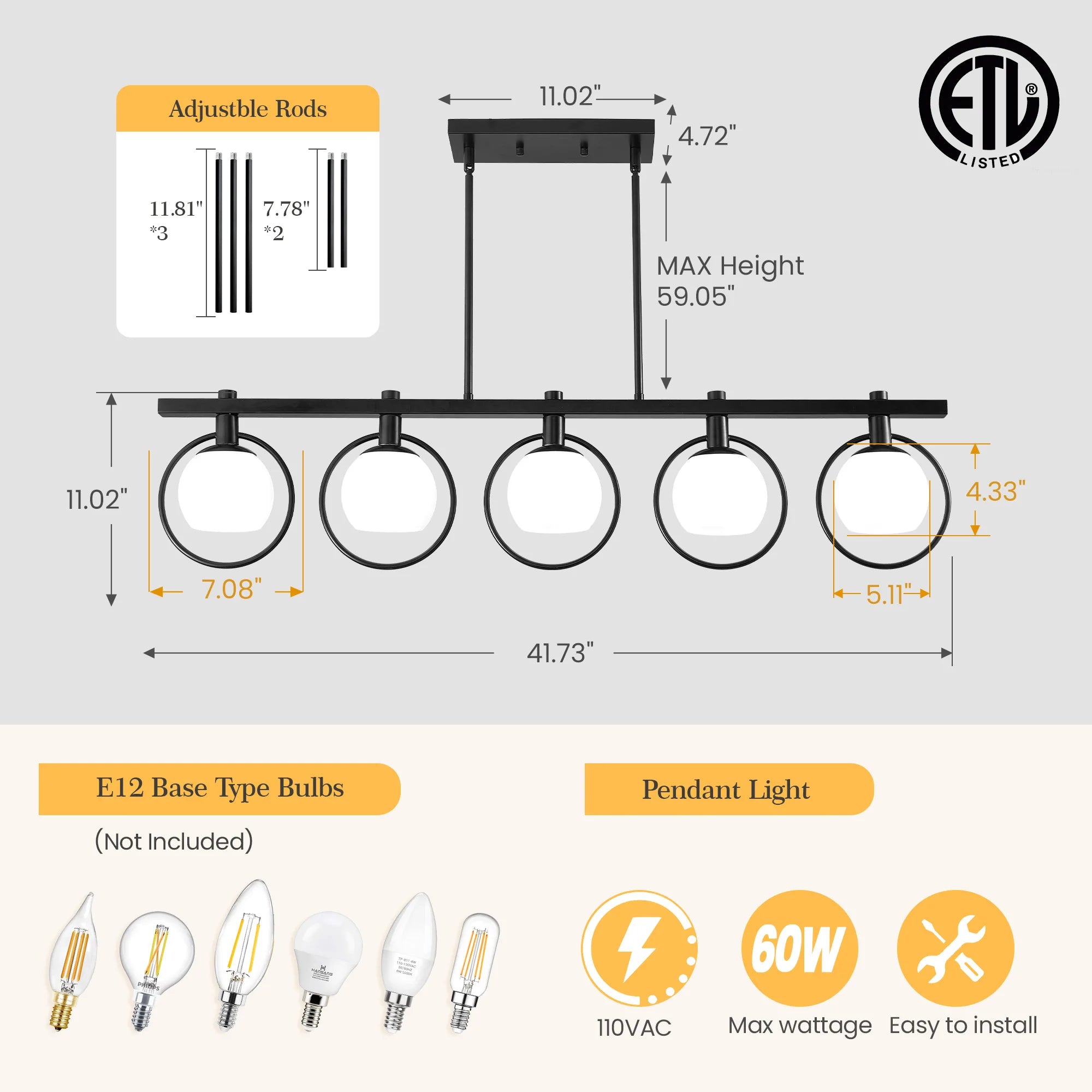 Modern 5-Light Adjustable Chandelier with