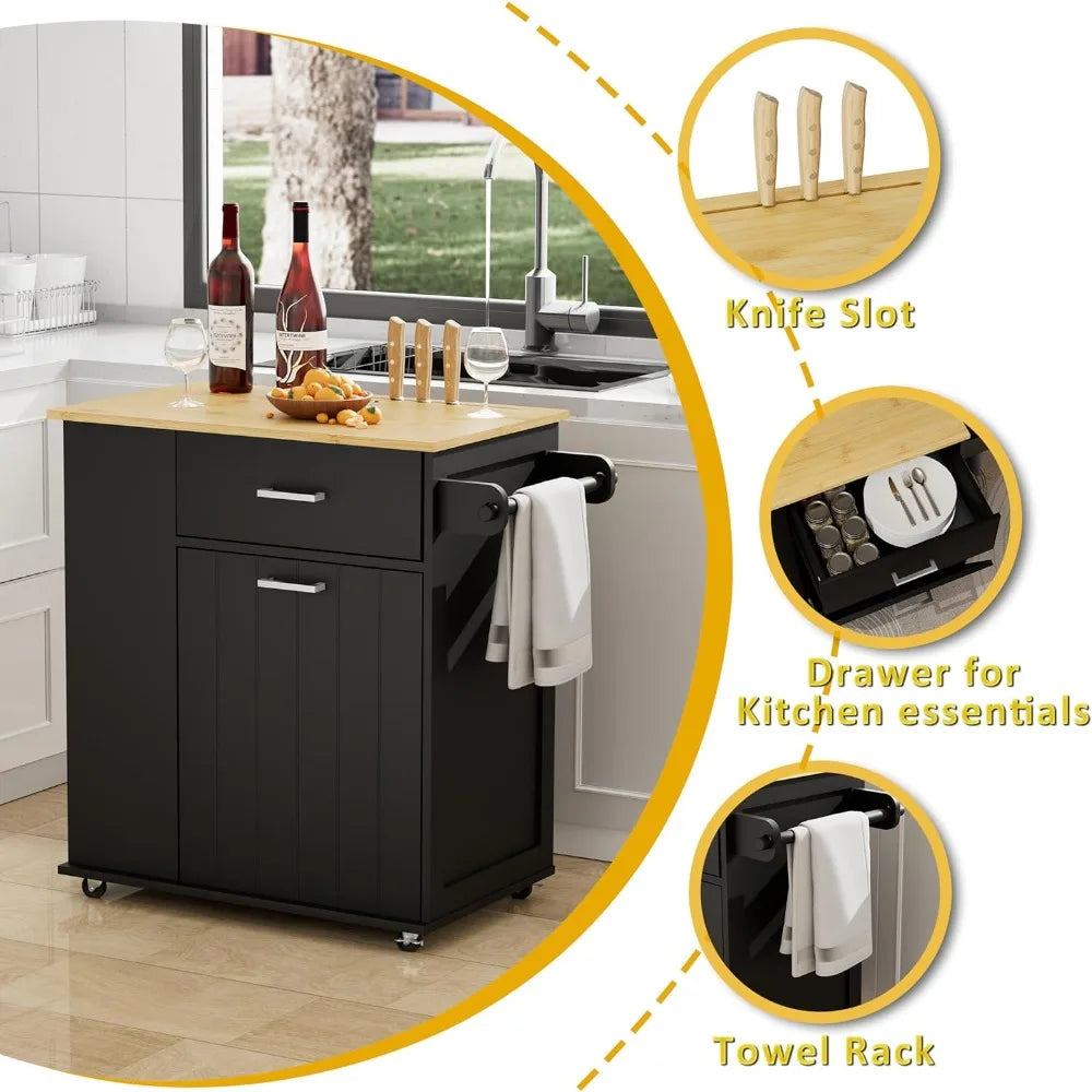 Rolling Kitchen Island with Trash Can Storage