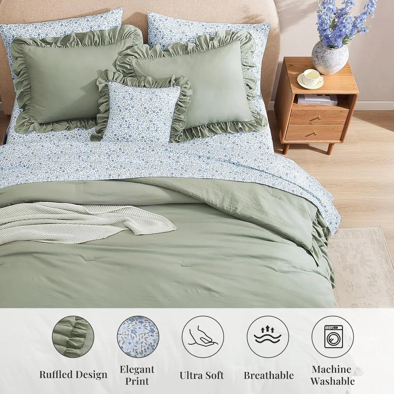 Queen Comforter Set - 7 Pieces Ruffle Sage Green Bedding
