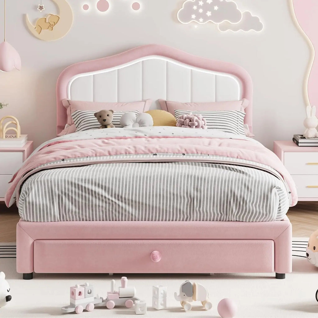 Kids Upholstered Bed Frame with LED Crown Headboard