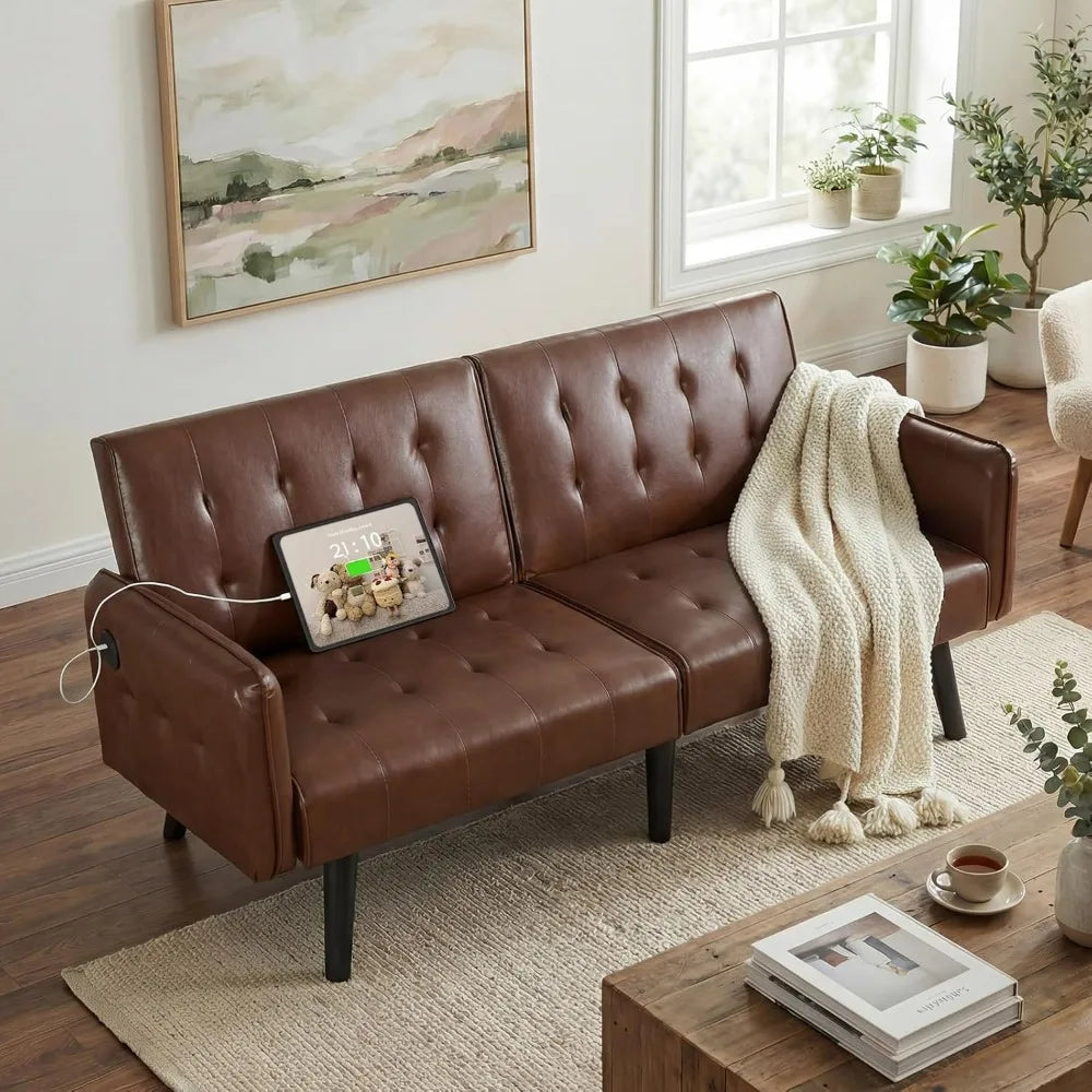 65" Brown Faux Leather Futon Sofa Bed