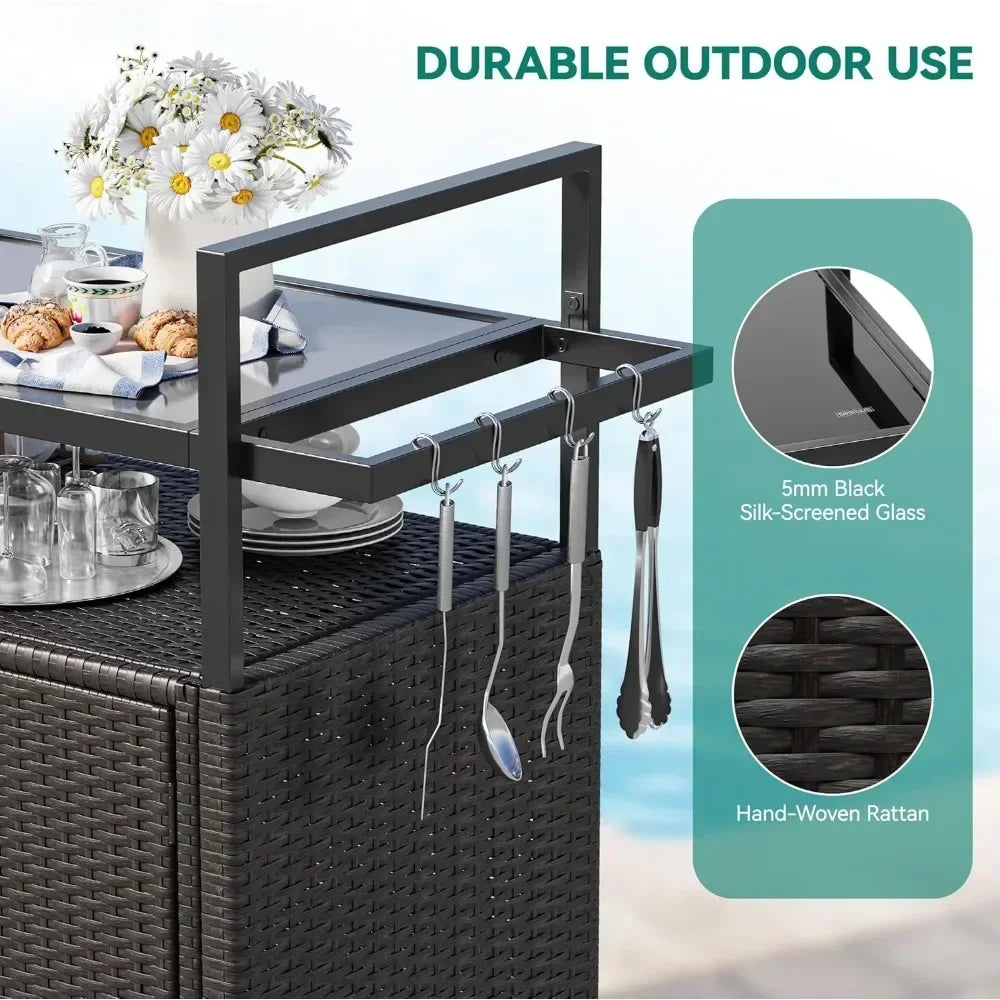 Large Kitchen Wicker Island Rolling Cart & Patio Bar Table