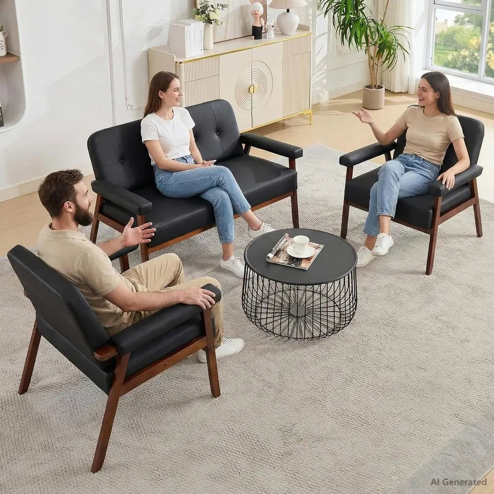 50”W Black aux Leather Small Couch Loveseat