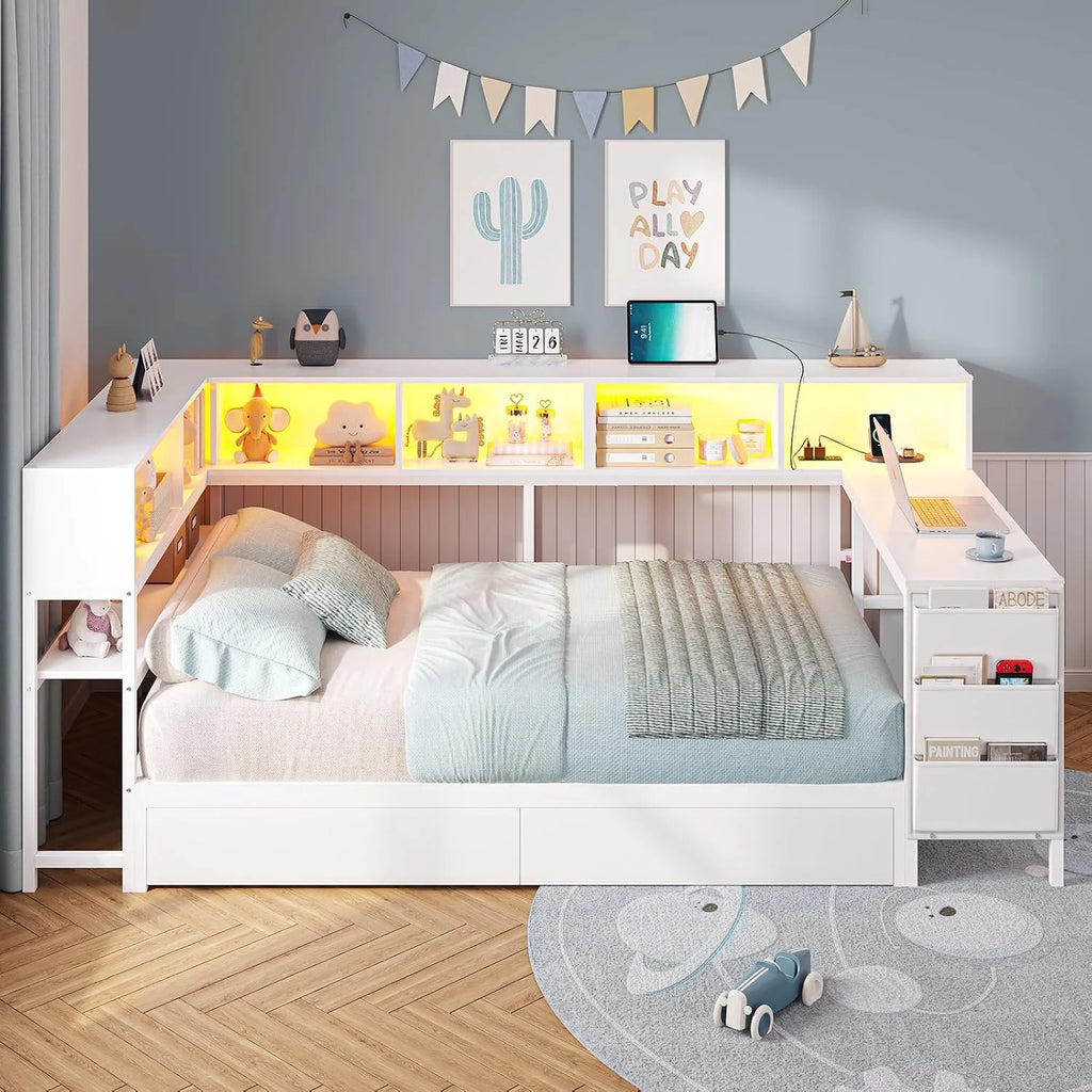 Corner Bed with Storage with Charging, LED, and Desk