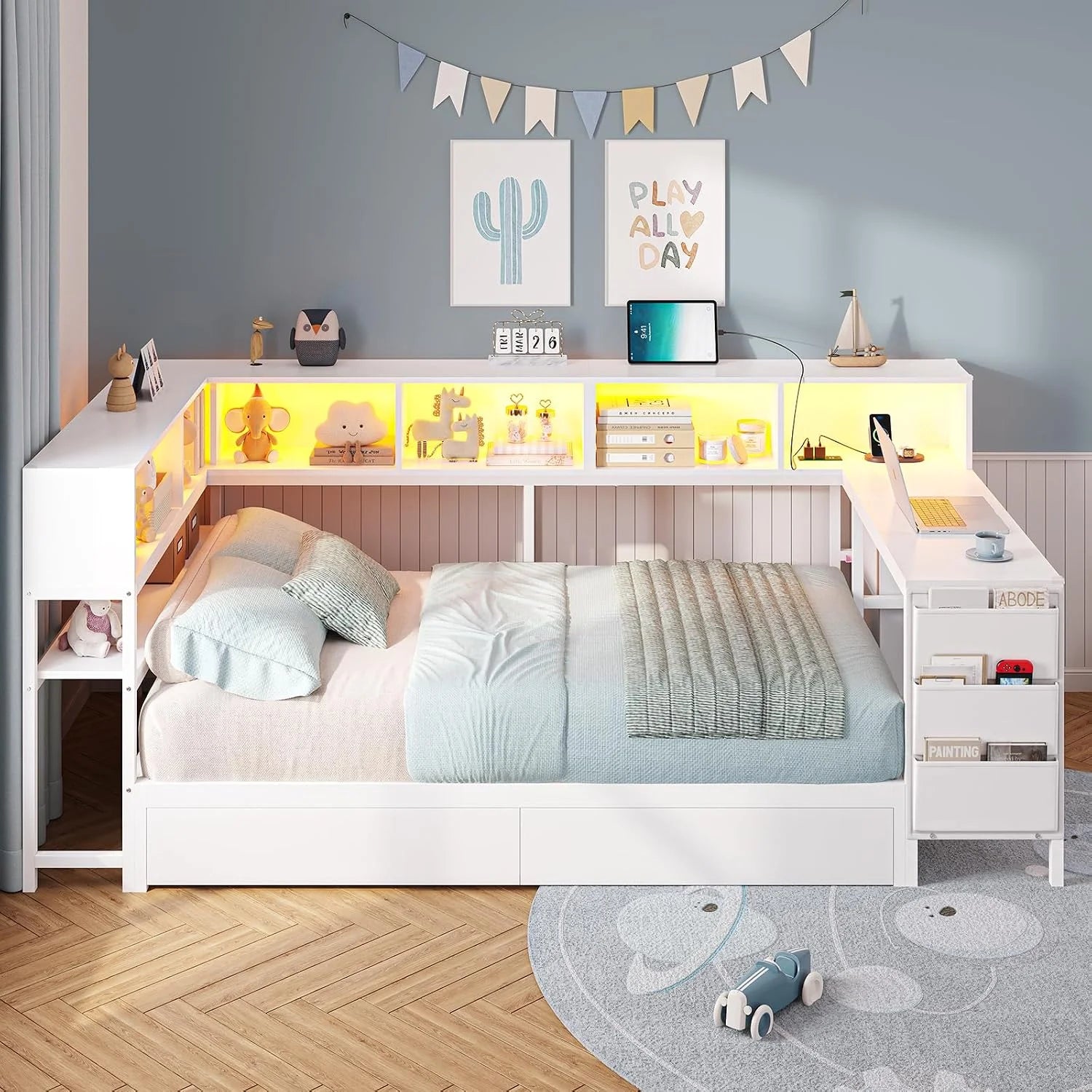 Corner Bed with Storage with Charging, LED, and Desk