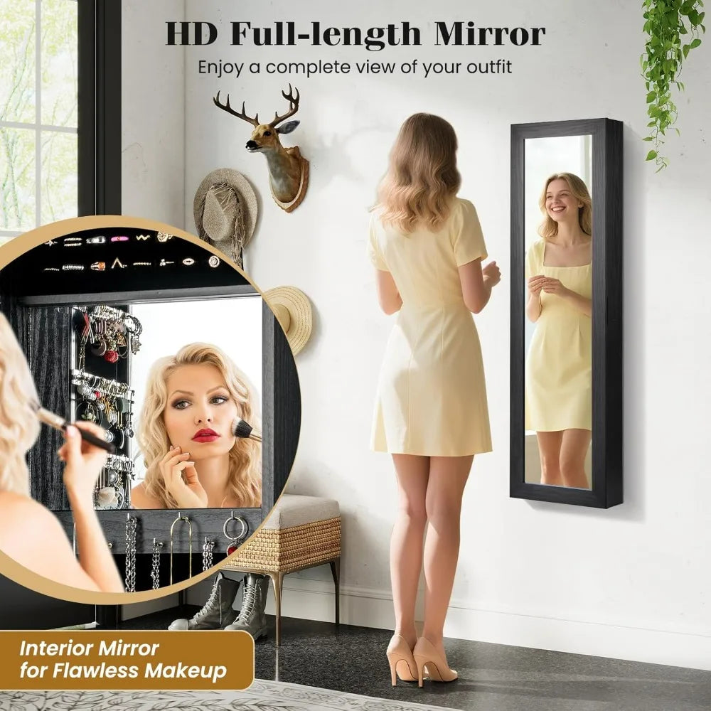 Wall Mounted or Over the Door Jewelry Cabinet with Full Length Mirror