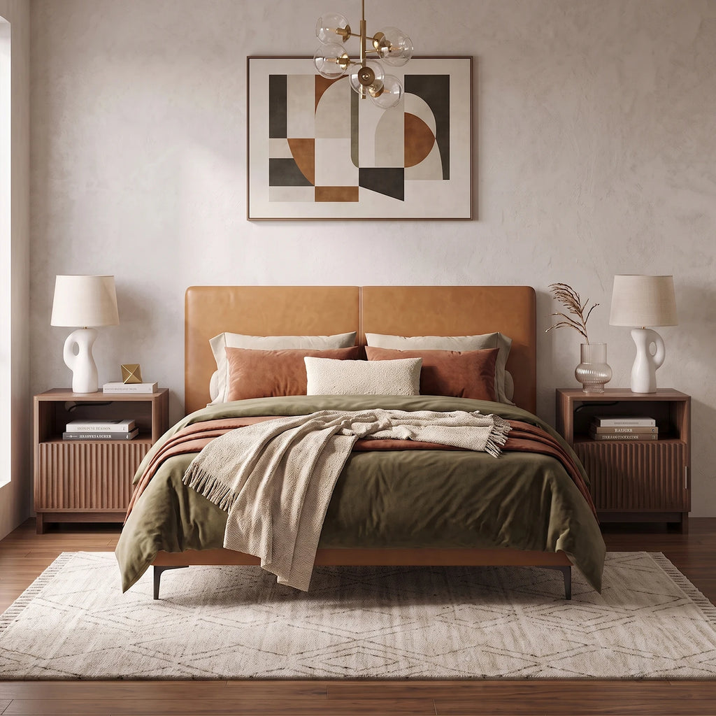 Fluted Wood Side Nightstand with Charging Station