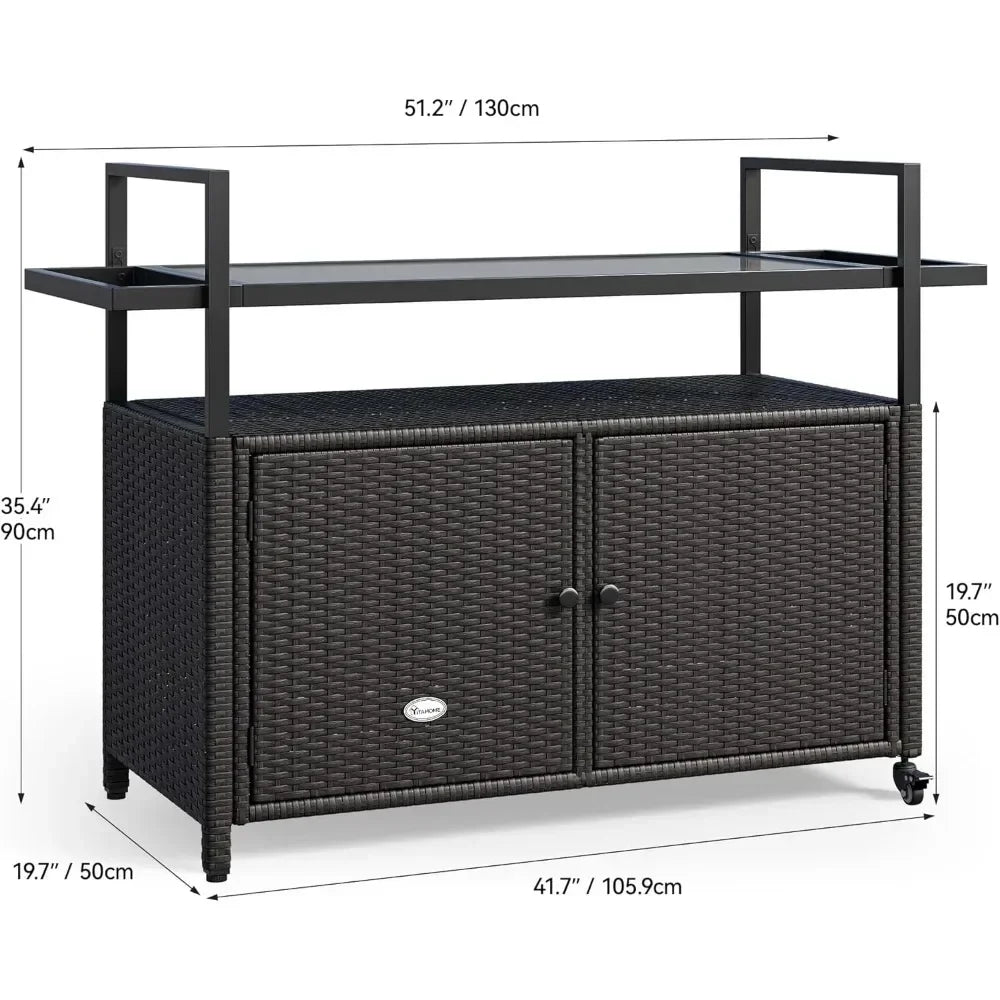 Large Kitchen Wicker Island Rolling Cart & Patio Bar Table
