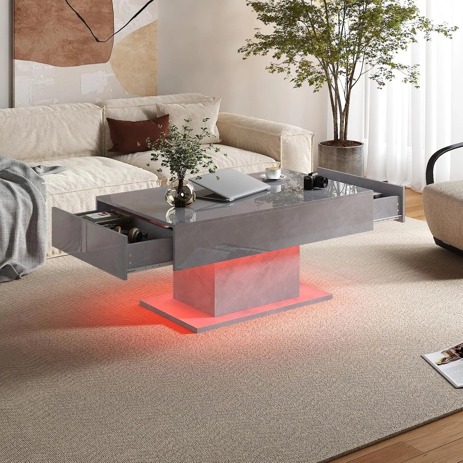 Rectangular LED Coffee Table, 16 Colors Lights, Modern Wood, Living Room Dining Reception, Customized