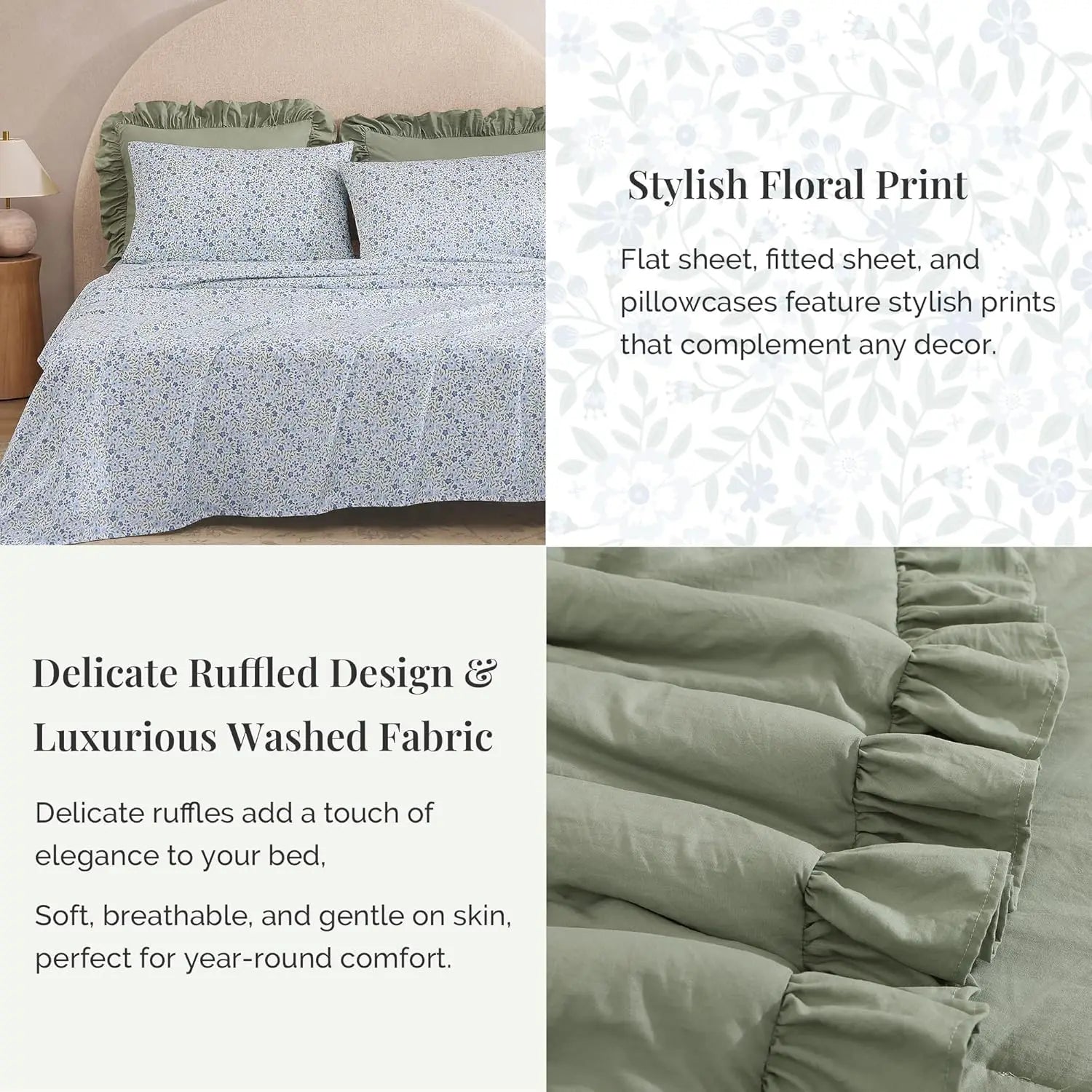 Queen Comforter Set - 7 Pieces Ruffle Sage Green Bedding