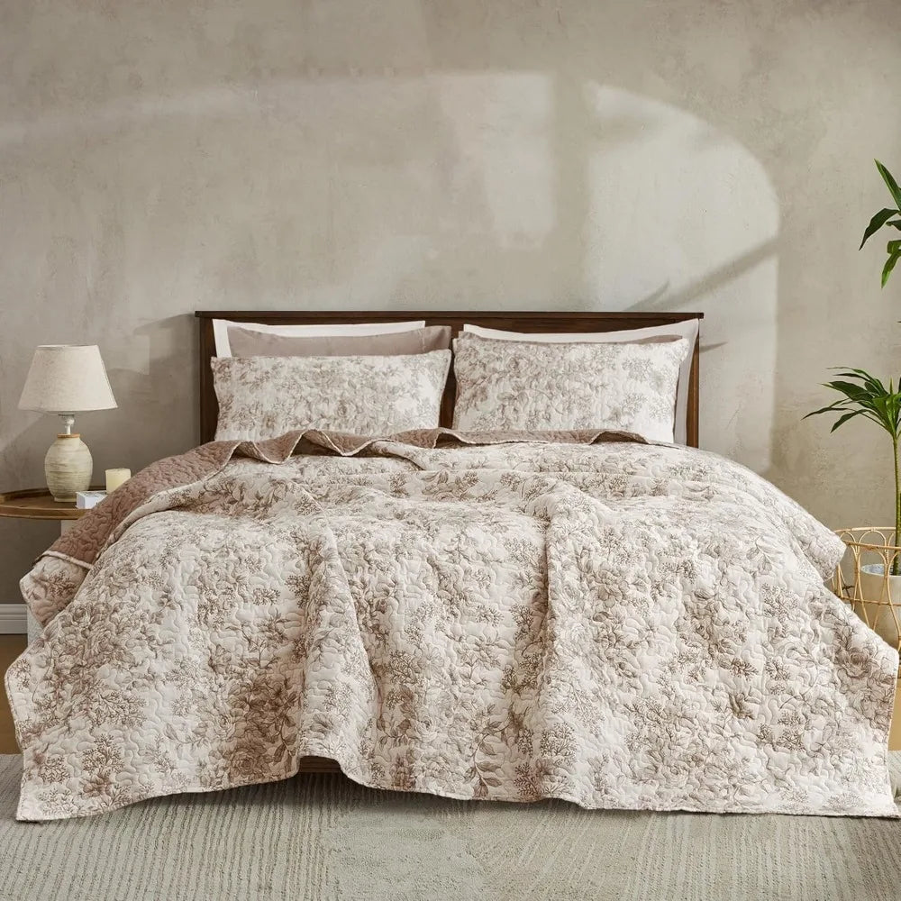 Elegant Taupe Floral Quilt Set