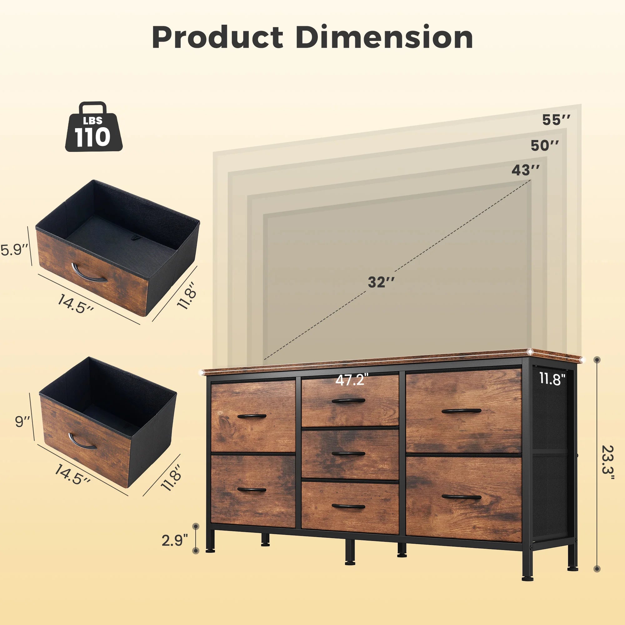 Wood Media/TV Stand with 7 Drawers (32-55 inch TVs)