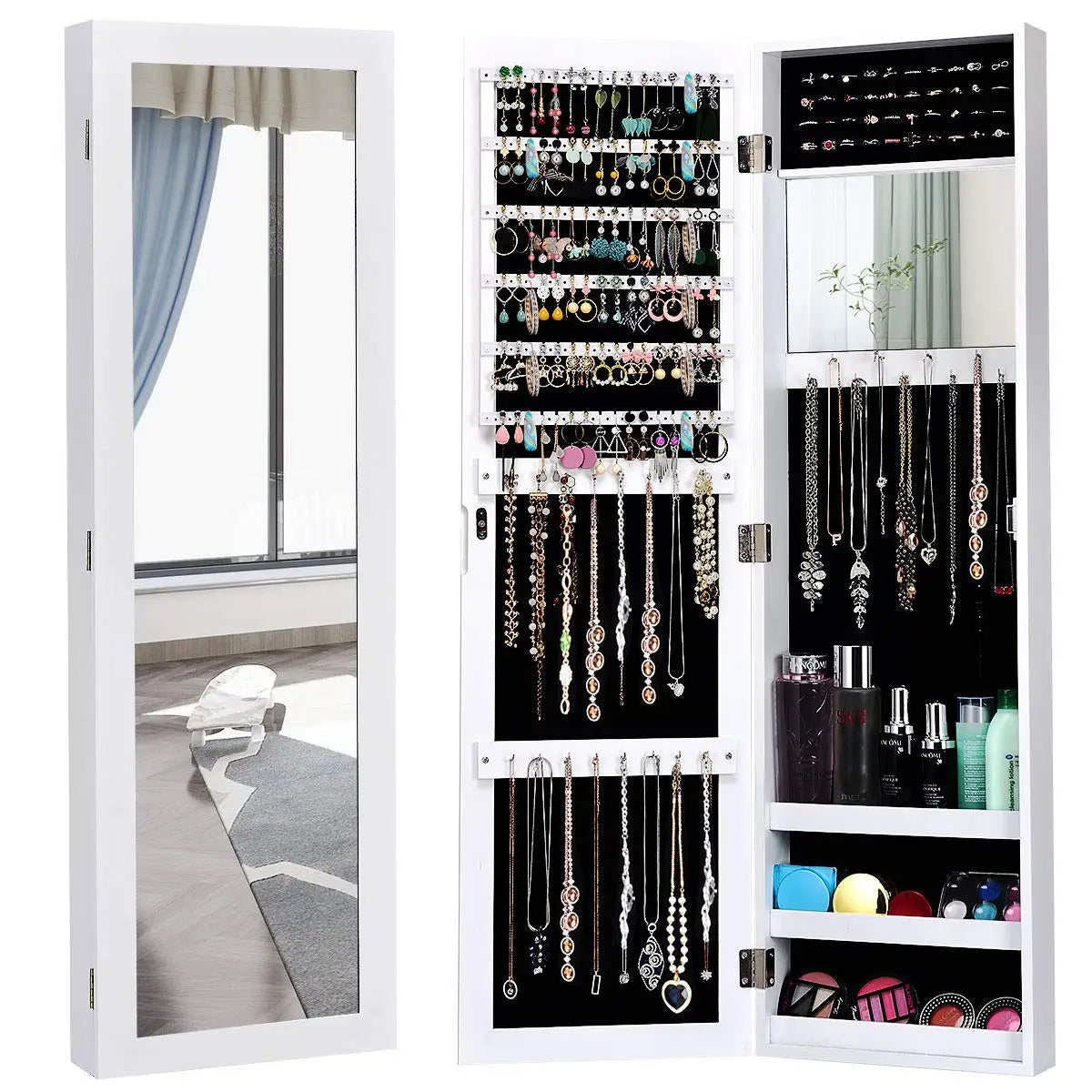 Wall Mounted or Over the Door Jewelry Cabinet with Full Length Mirror