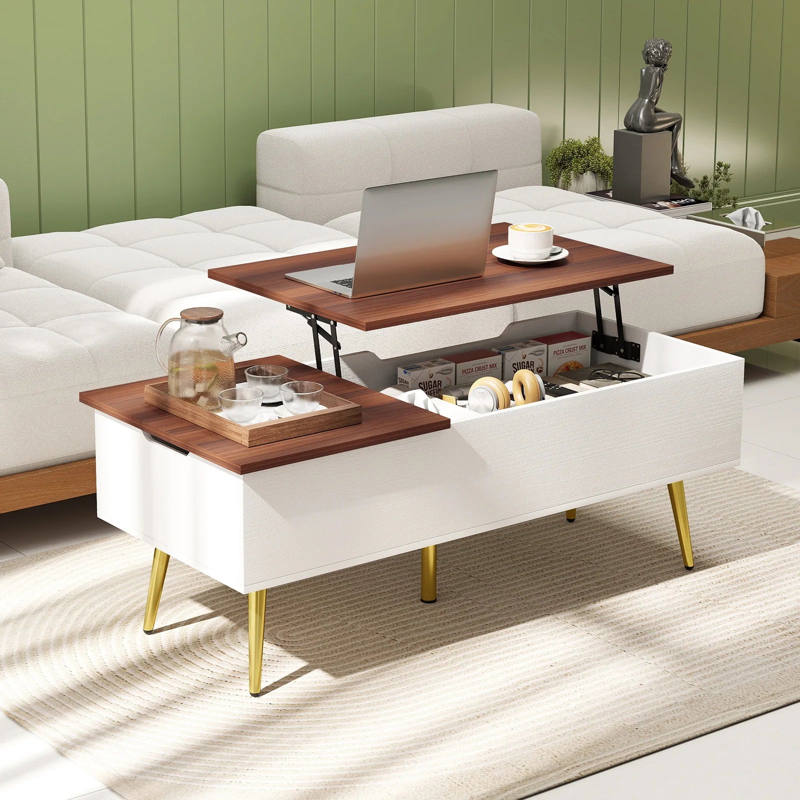 Lift Top Coffee Table with Split Top & 2 Hidden Compartments