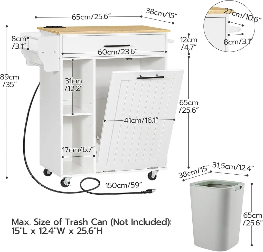Mobile Kitchen Island with Power Outlet and Trash Can Storage