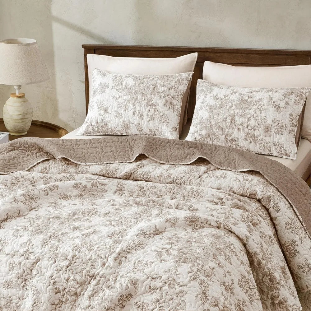 Elegant Taupe Floral Quilt Set