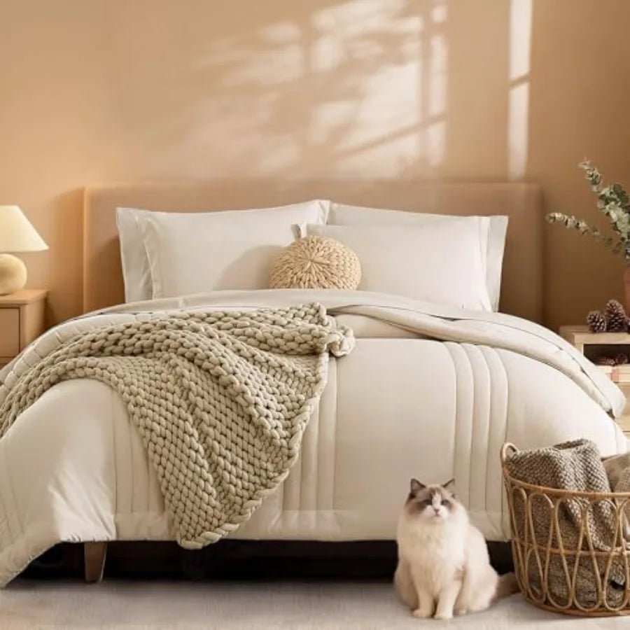 7 Pieces Beige Comforter Set - Beige - Bed in a Bag