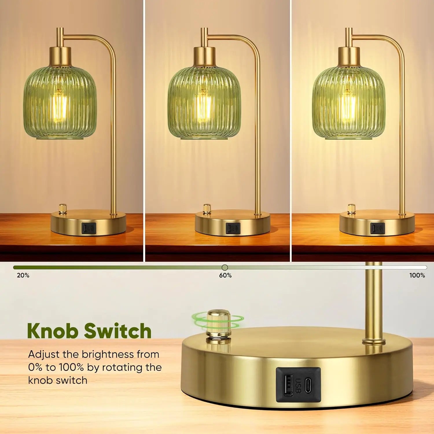 Industrial Green Glass Table Lamp (Set of 2)