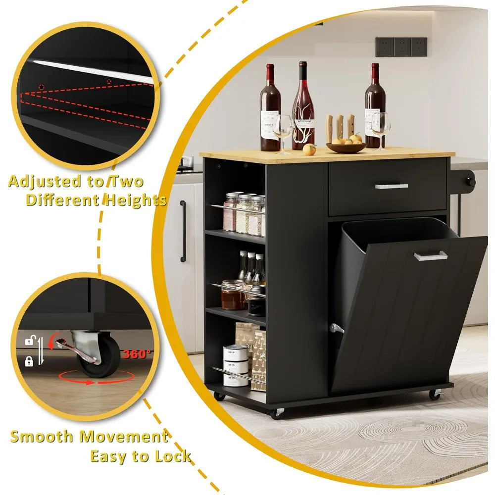 Rolling Kitchen Island with Trash Can Storage