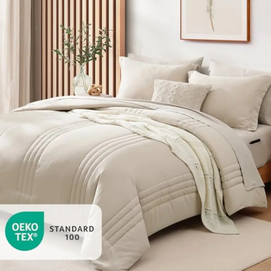 7 Pieces Beige Comforter Set - Beige - Bed in a Bag