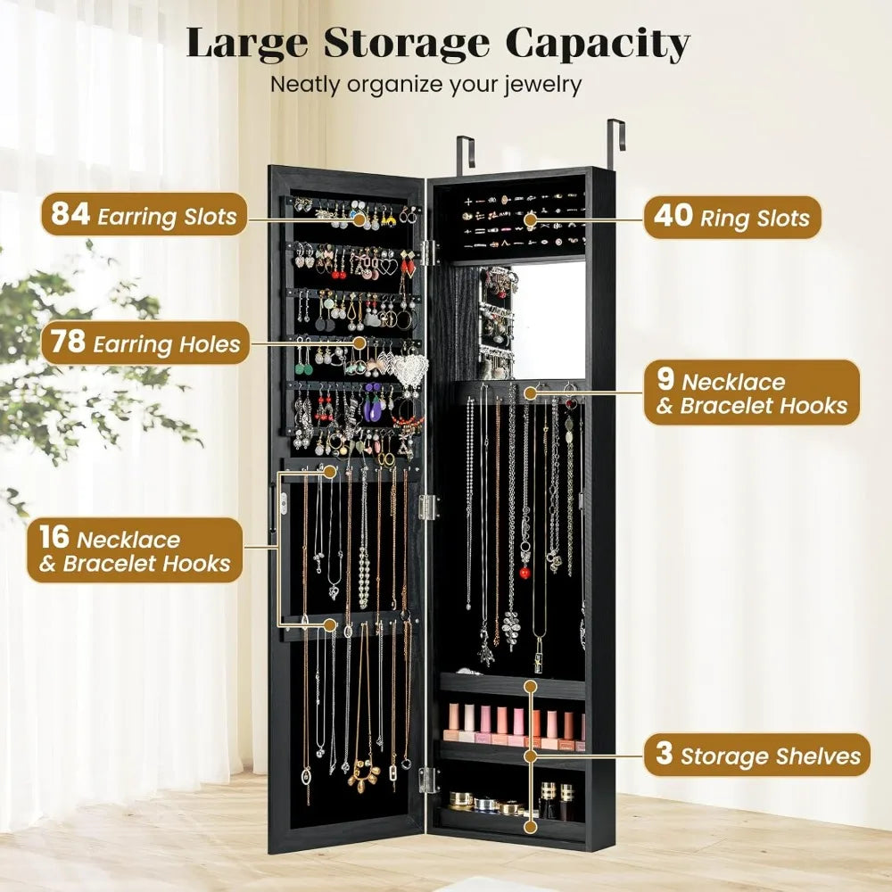Wall Mounted or Over the Door Jewelry Cabinet with Full Length Mirror