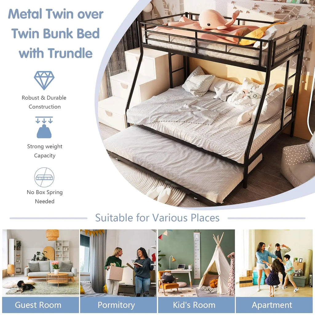 Heavy Duty Metal Twin Over Full Bunk Beds with Trundle