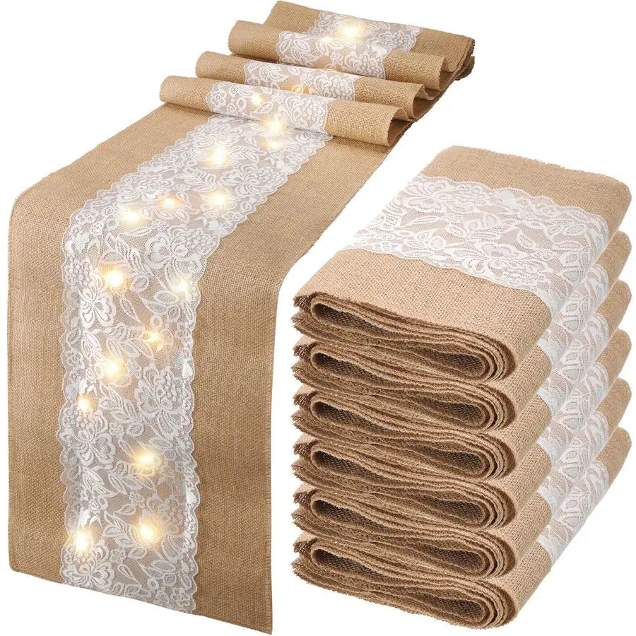 Burlap Table Runner with LED String Lights