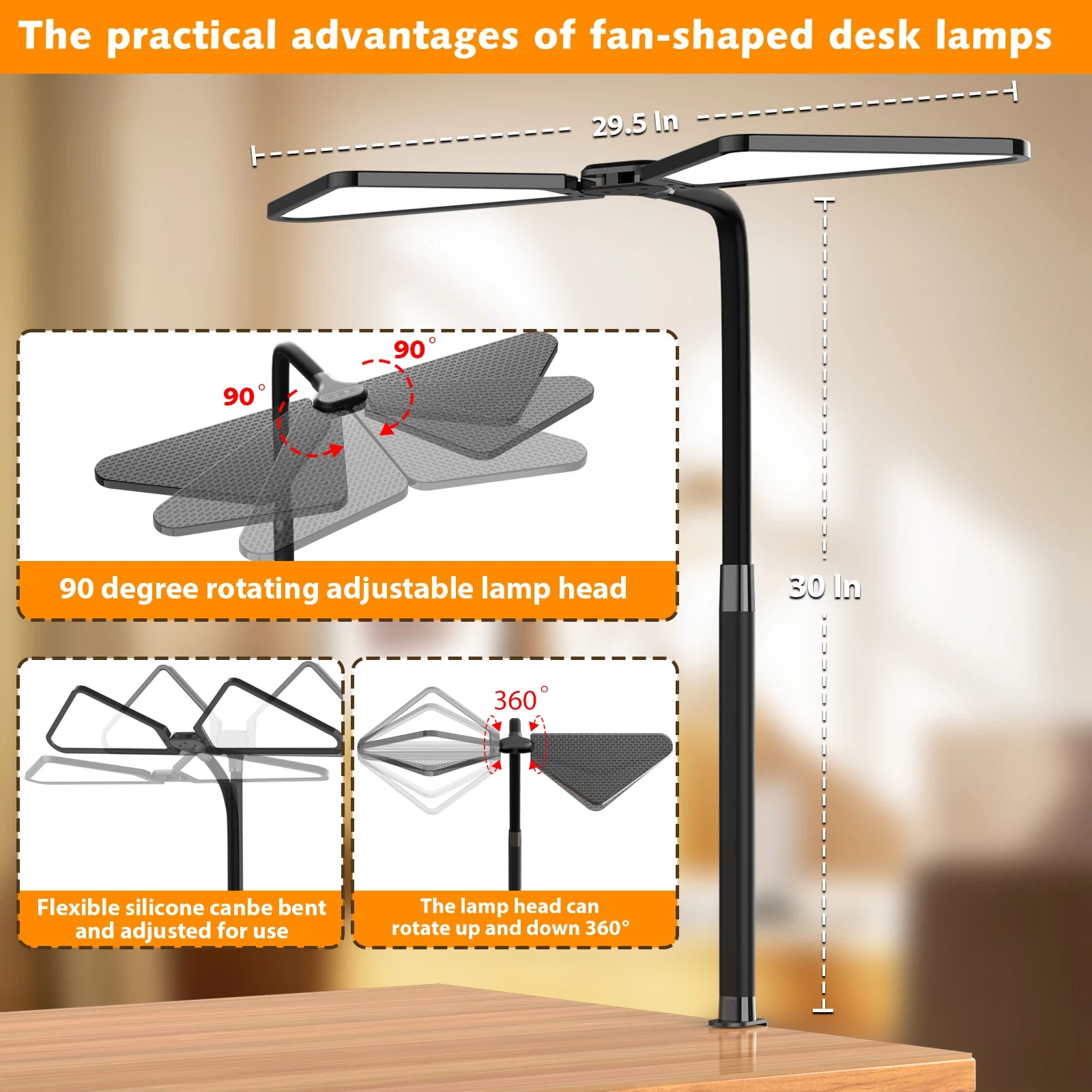 Ultra Large Gooseneck Clamp Desk Lamp Dual Flexible Arm LED Reading Light