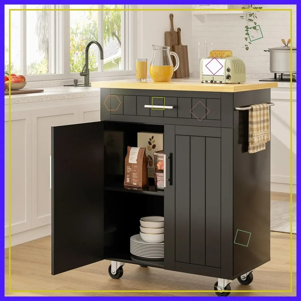 Rolling Kitchen Cart with Storage Cabinet & Drawer