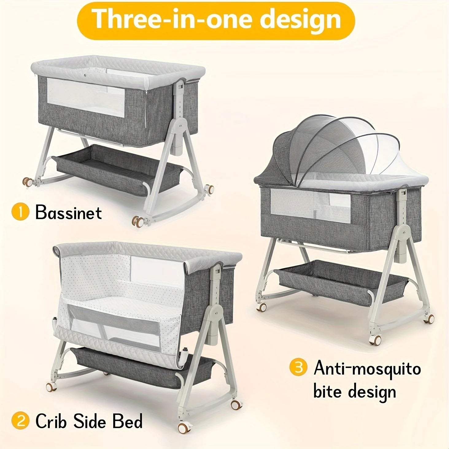 3 in 1 Bassinet Bedside Sleeper with Wheels