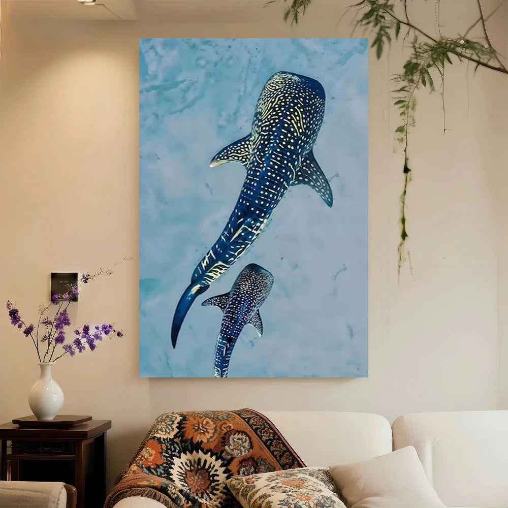 Framed Flat, Suitable for Home Bedroom Wall Decor - Whale Shark Ocean Canvas Painting, Modern Minimalist Marine Art, Multi-Size