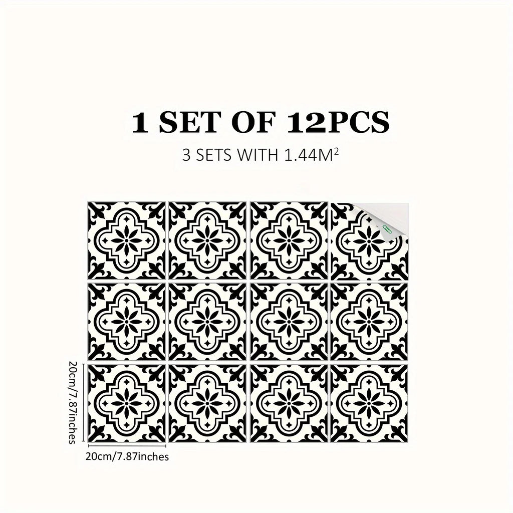 Moroccan style black and white pattern floor sticker (12 pcs)