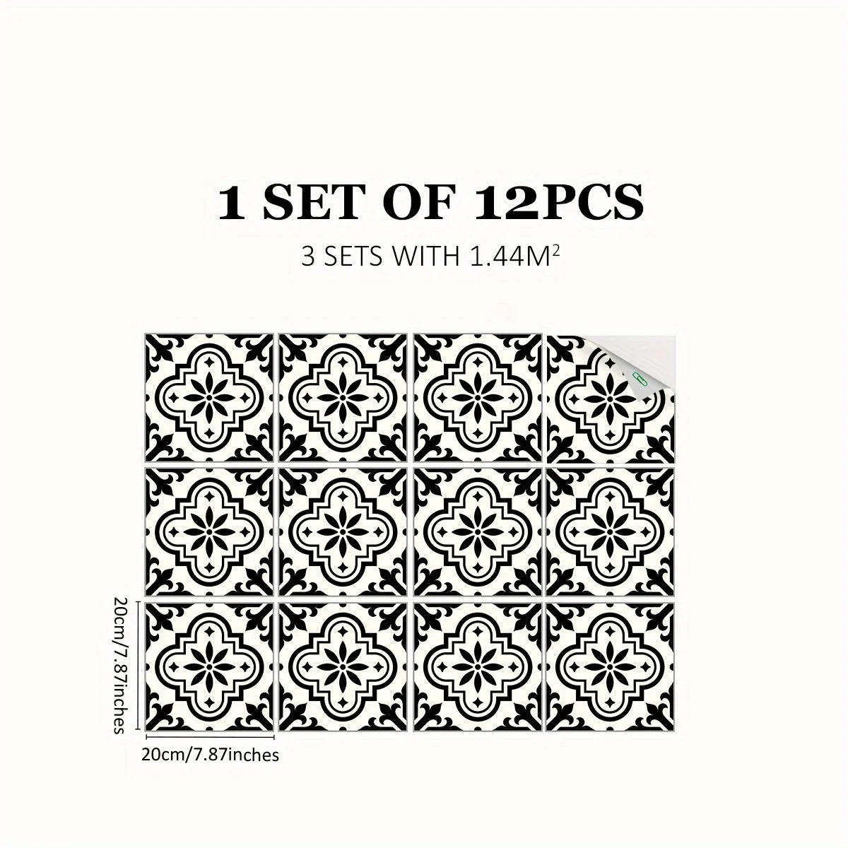Moroccan style black and white pattern floor sticker (12 pcs)